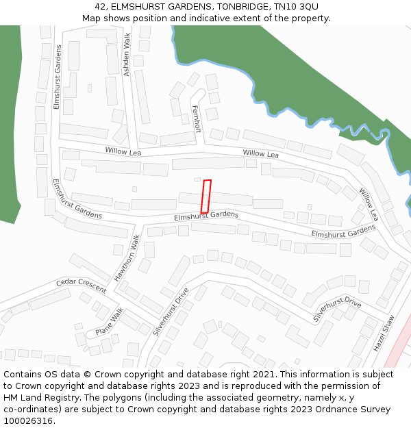 42, ELMSHURST GARDENS, TONBRIDGE, TN10 3QU: Location map and indicative extent of plot