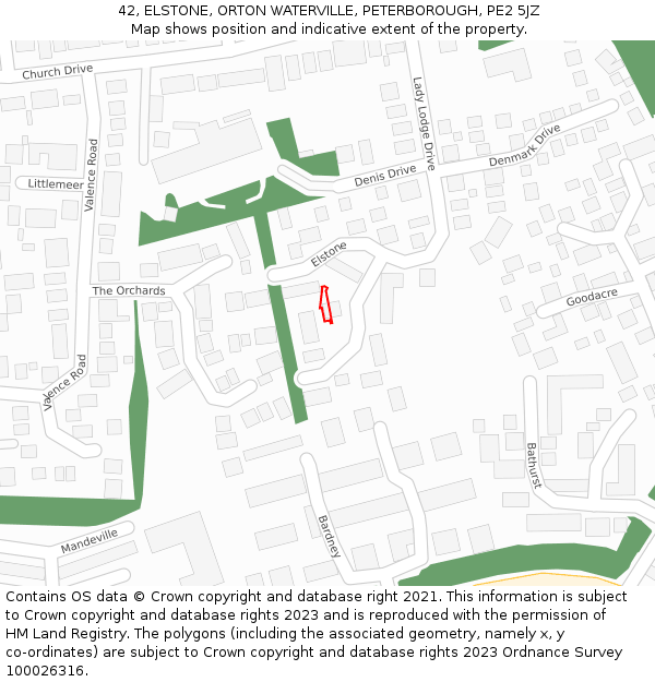 42, ELSTONE, ORTON WATERVILLE, PETERBOROUGH, PE2 5JZ: Location map and indicative extent of plot