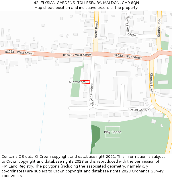 42, ELYSIAN GARDENS, TOLLESBURY, MALDON, CM9 8QN: Location map and indicative extent of plot