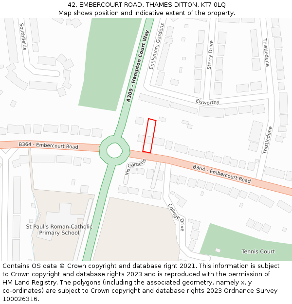 42, EMBERCOURT ROAD, THAMES DITTON, KT7 0LQ: Location map and indicative extent of plot