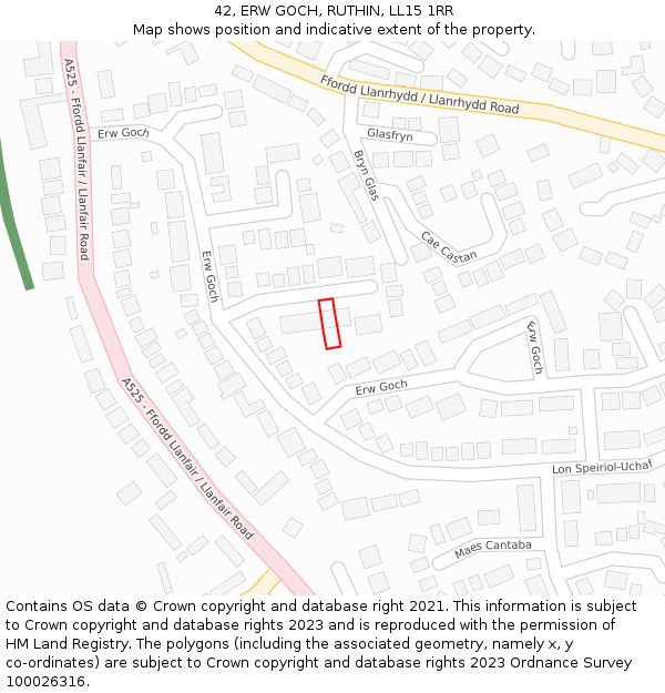 42, ERW GOCH, RUTHIN, LL15 1RR: Location map and indicative extent of plot