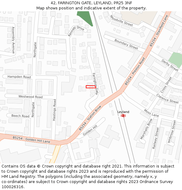 42, FARINGTON GATE, LEYLAND, PR25 3NF: Location map and indicative extent of plot