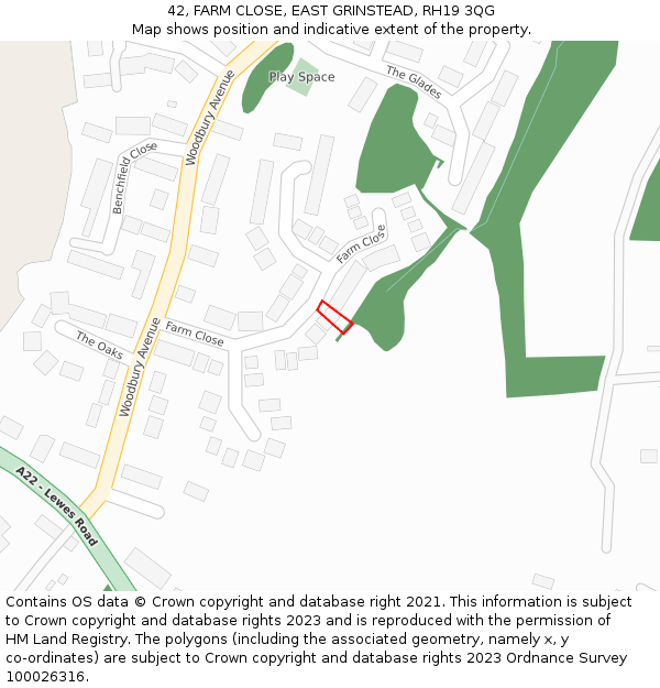 42, FARM CLOSE, EAST GRINSTEAD, RH19 3QG: Location map and indicative extent of plot