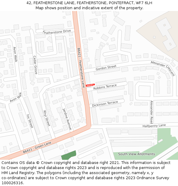 42, FEATHERSTONE LANE, FEATHERSTONE, PONTEFRACT, WF7 6LH: Location map and indicative extent of plot
