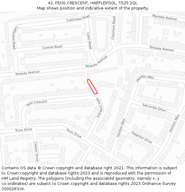 42, FENS CRESCENT, HARTLEPOOL, TS25 2QL: Location map and indicative extent of plot