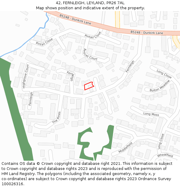 42, FERNLEIGH, LEYLAND, PR26 7AL: Location map and indicative extent of plot