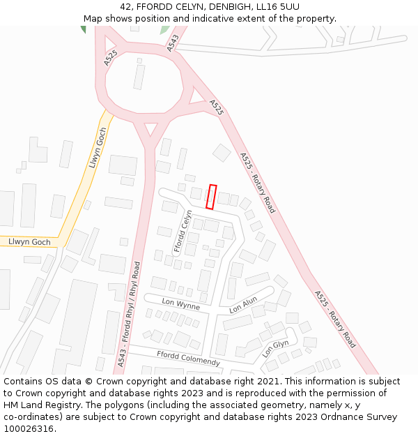 42, FFORDD CELYN, DENBIGH, LL16 5UU: Location map and indicative extent of plot