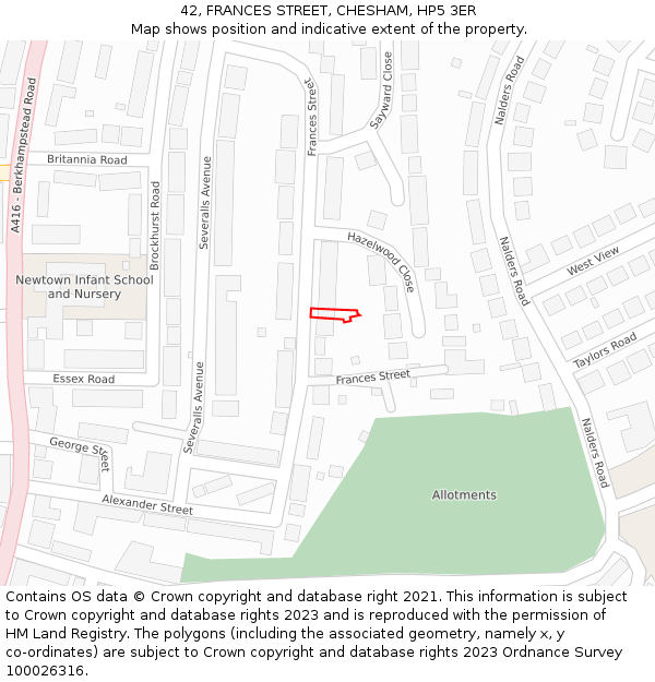 42, FRANCES STREET, CHESHAM, HP5 3ER: Location map and indicative extent of plot