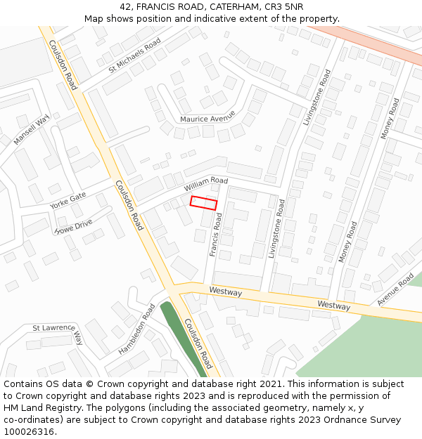 42, FRANCIS ROAD, CATERHAM, CR3 5NR: Location map and indicative extent of plot