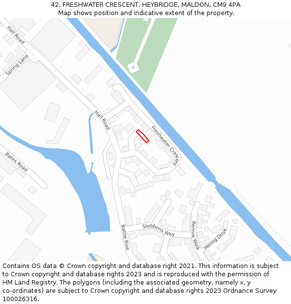 42, FRESHWATER CRESCENT, HEYBRIDGE, MALDON, CM9 4PA: Location map and indicative extent of plot