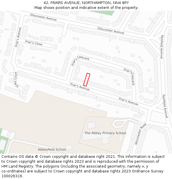 42, FRIARS AVENUE, NORTHAMPTON, NN4 8PY: Location map and indicative extent of plot