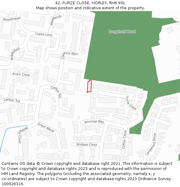 42, FURZE CLOSE, HORLEY, RH6 9SL: Location map and indicative extent of plot