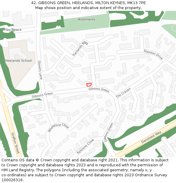 42, GIBSONS GREEN, HEELANDS, MILTON KEYNES, MK13 7PE: Location map and indicative extent of plot