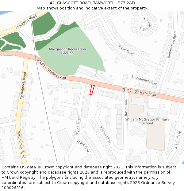 42, GLASCOTE ROAD, TAMWORTH, B77 2AD: Location map and indicative extent of plot