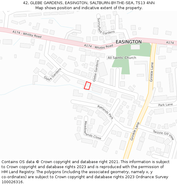 42, GLEBE GARDENS, EASINGTON, SALTBURN-BY-THE-SEA, TS13 4NN: Location map and indicative extent of plot