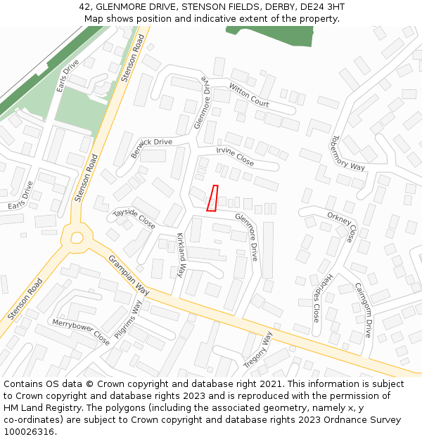 42, GLENMORE DRIVE, STENSON FIELDS, DERBY, DE24 3HT: Location map and indicative extent of plot