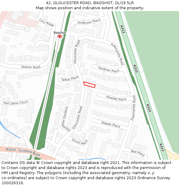 42, GLOUCESTER ROAD, BAGSHOT, GU19 5LR: Location map and indicative extent of plot