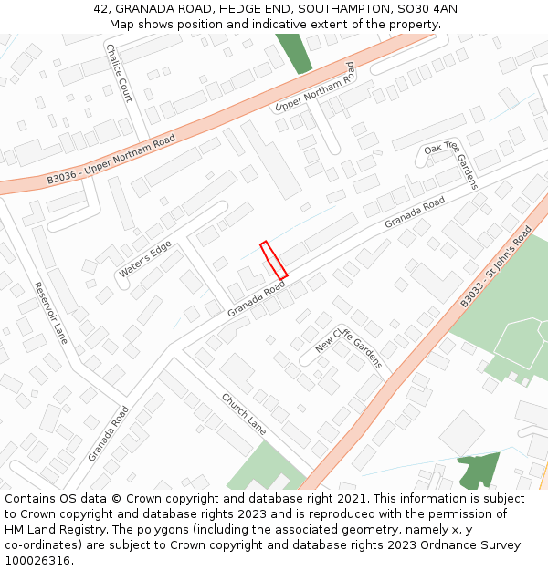 42, GRANADA ROAD, HEDGE END, SOUTHAMPTON, SO30 4AN: Location map and indicative extent of plot