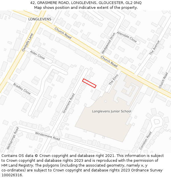 42, GRASMERE ROAD, LONGLEVENS, GLOUCESTER, GL2 0NQ: Location map and indicative extent of plot