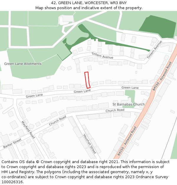 42, GREEN LANE, WORCESTER, WR3 8NY: Location map and indicative extent of plot