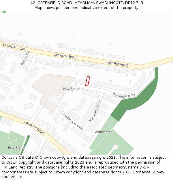 42, GREENFIELD ROAD, MEASHAM, SWADLINCOTE, DE12 7LB: Location map and indicative extent of plot