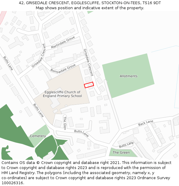 42, GRISEDALE CRESCENT, EGGLESCLIFFE, STOCKTON-ON-TEES, TS16 9DT: Location map and indicative extent of plot