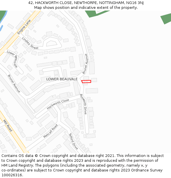 42, HACKWORTH CLOSE, NEWTHORPE, NOTTINGHAM, NG16 3NJ: Location map and indicative extent of plot