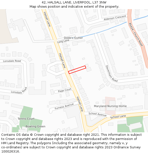 42, HALSALL LANE, LIVERPOOL, L37 3NW: Location map and indicative extent of plot