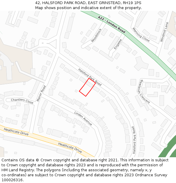 42, HALSFORD PARK ROAD, EAST GRINSTEAD, RH19 1PS: Location map and indicative extent of plot