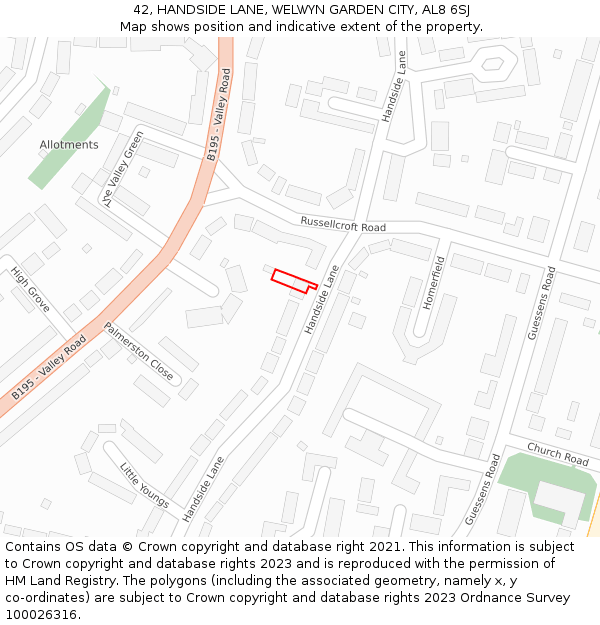 42, HANDSIDE LANE, WELWYN GARDEN CITY, AL8 6SJ: Location map and indicative extent of plot