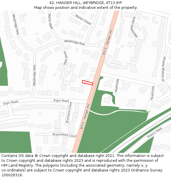 42, HANGER HILL, WEYBRIDGE, KT13 9YF: Location map and indicative extent of plot