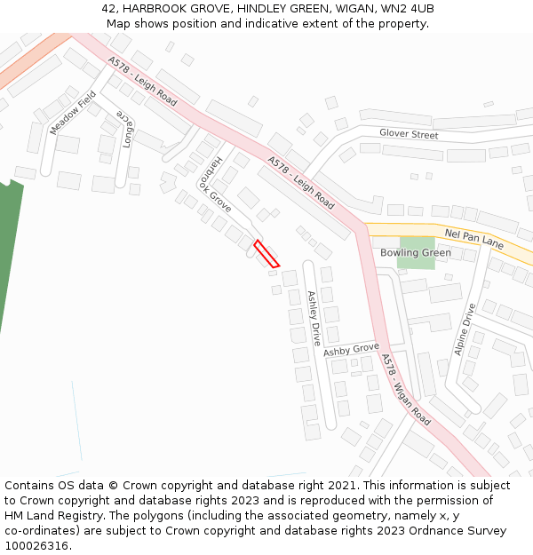 42, HARBROOK GROVE, HINDLEY GREEN, WIGAN, WN2 4UB: Location map and indicative extent of plot