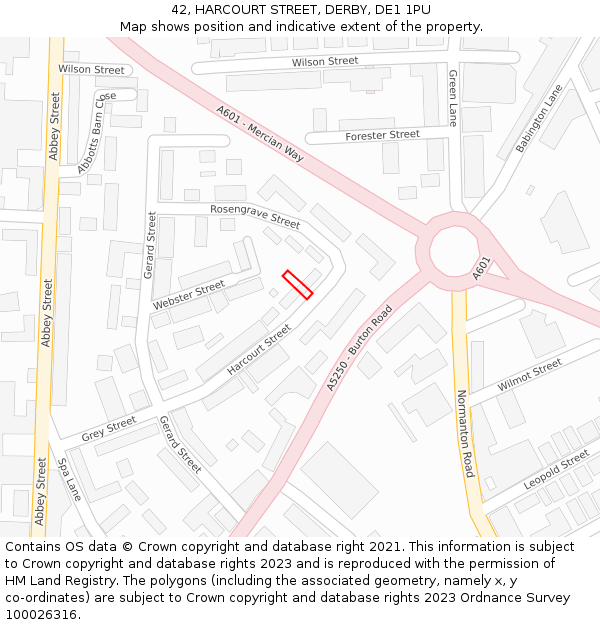 42, HARCOURT STREET, DERBY, DE1 1PU: Location map and indicative extent of plot