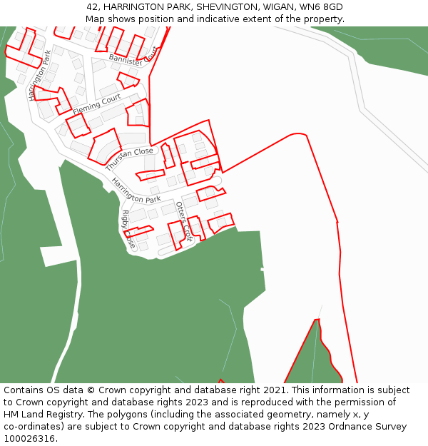 42, HARRINGTON PARK, SHEVINGTON, WIGAN, WN6 8GD: Location map and indicative extent of plot