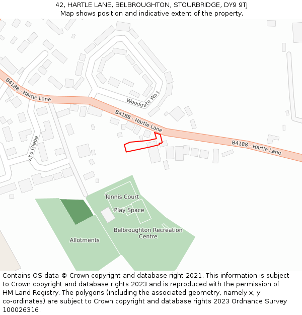 42, HARTLE LANE, BELBROUGHTON, STOURBRIDGE, DY9 9TJ: Location map and indicative extent of plot