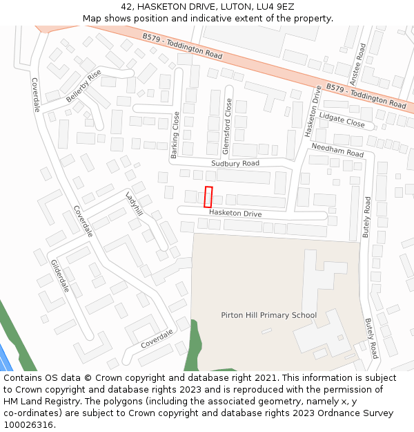 42, HASKETON DRIVE, LUTON, LU4 9EZ: Location map and indicative extent of plot