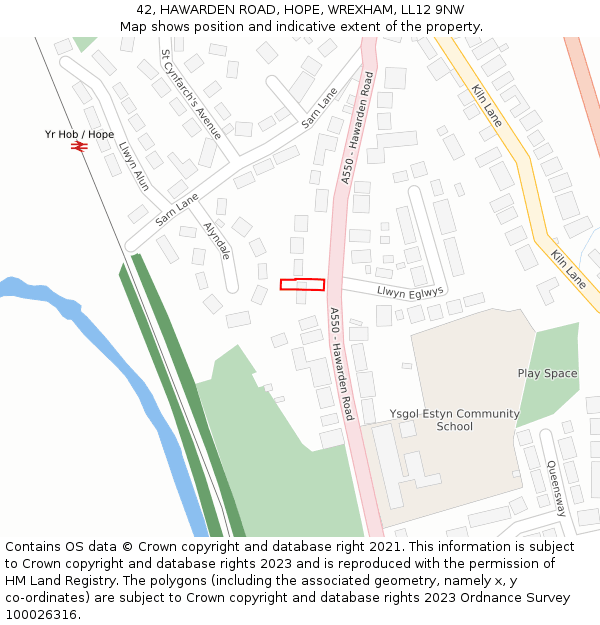 42, HAWARDEN ROAD, HOPE, WREXHAM, LL12 9NW: Location map and indicative extent of plot