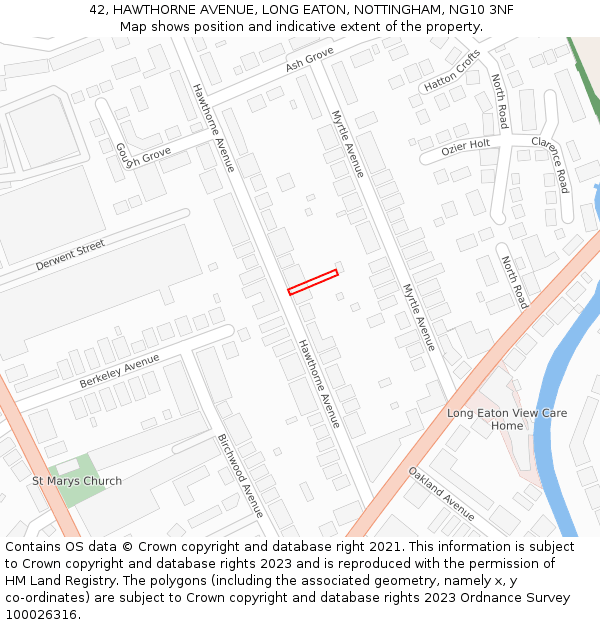 42, HAWTHORNE AVENUE, LONG EATON, NOTTINGHAM, NG10 3NF: Location map and indicative extent of plot