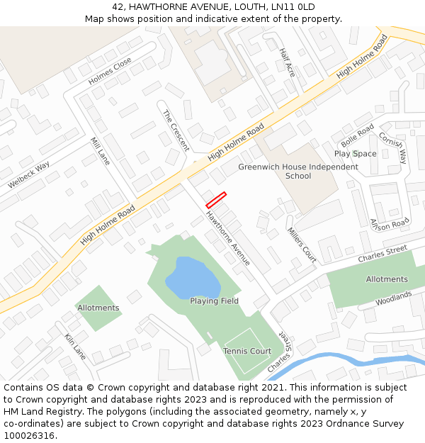 42, HAWTHORNE AVENUE, LOUTH, LN11 0LD: Location map and indicative extent of plot