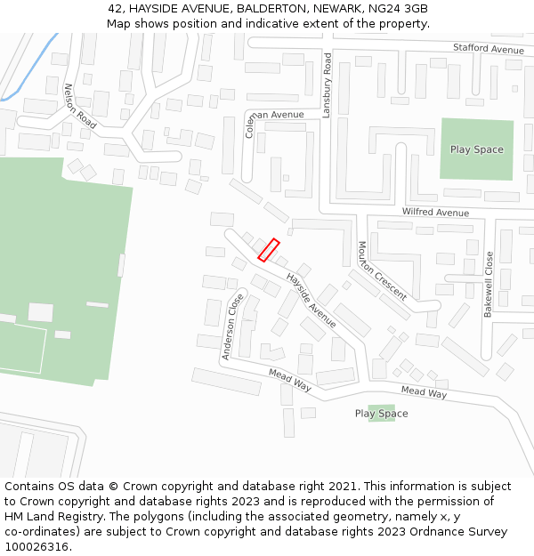 42, HAYSIDE AVENUE, BALDERTON, NEWARK, NG24 3GB: Location map and indicative extent of plot