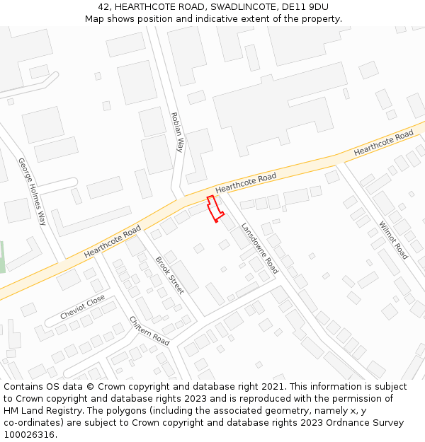 42, HEARTHCOTE ROAD, SWADLINCOTE, DE11 9DU: Location map and indicative extent of plot