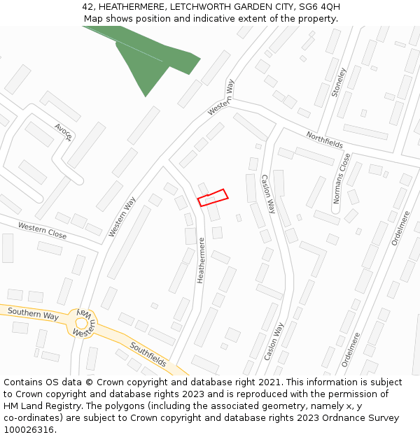 42, HEATHERMERE, LETCHWORTH GARDEN CITY, SG6 4QH: Location map and indicative extent of plot