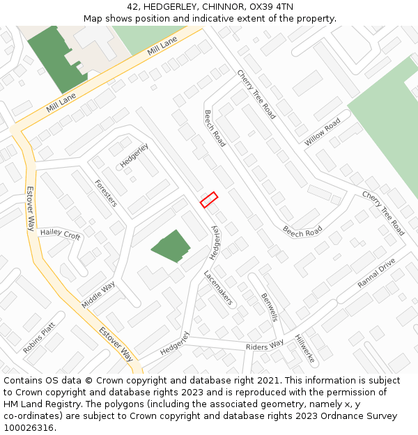 42, HEDGERLEY, CHINNOR, OX39 4TN: Location map and indicative extent of plot