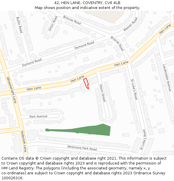 42, HEN LANE, COVENTRY, CV6 4LB: Location map and indicative extent of plot