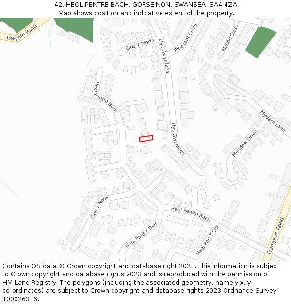 42, HEOL PENTRE BACH, GORSEINON, SWANSEA, SA4 4ZA: Location map and indicative extent of plot