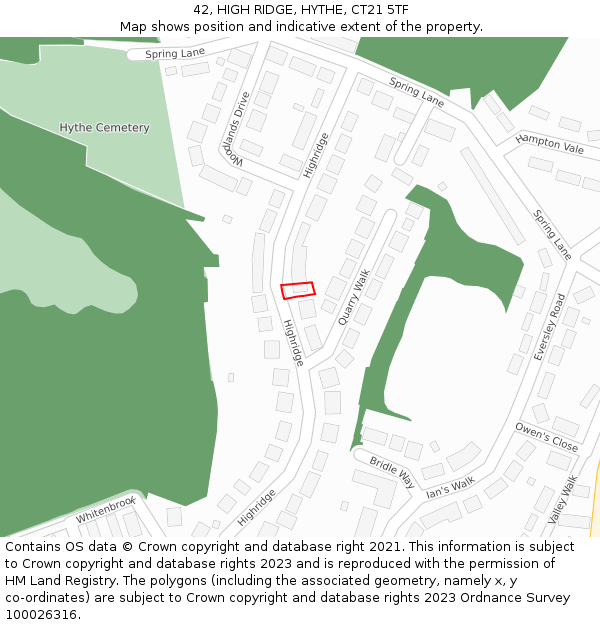 42, HIGH RIDGE, HYTHE, CT21 5TF: Location map and indicative extent of plot