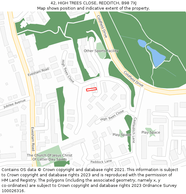 42, HIGH TREES CLOSE, REDDITCH, B98 7XJ: Location map and indicative extent of plot