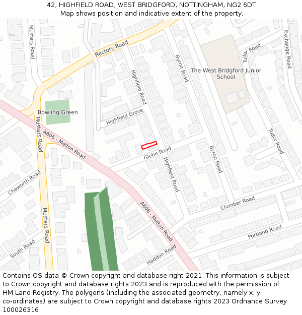 42, HIGHFIELD ROAD, WEST BRIDGFORD, NOTTINGHAM, NG2 6DT: Location map and indicative extent of plot