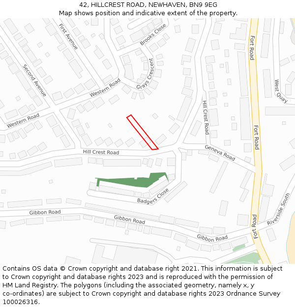 42, HILLCREST ROAD, NEWHAVEN, BN9 9EG: Location map and indicative extent of plot