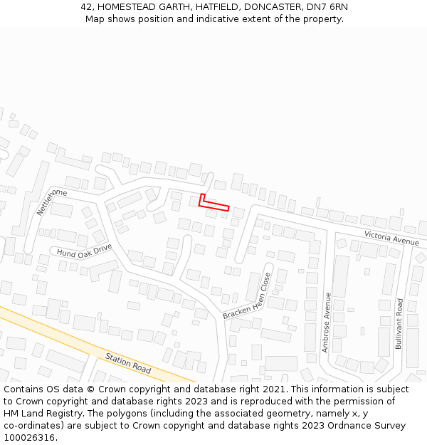 42, HOMESTEAD GARTH, HATFIELD, DONCASTER, DN7 6RN: Location map and indicative extent of plot